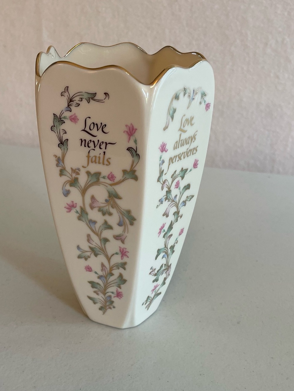Lenox "Love is Patient" 5-Sided Ivory Porcelain Vase Gold Trim 7" Retired USA